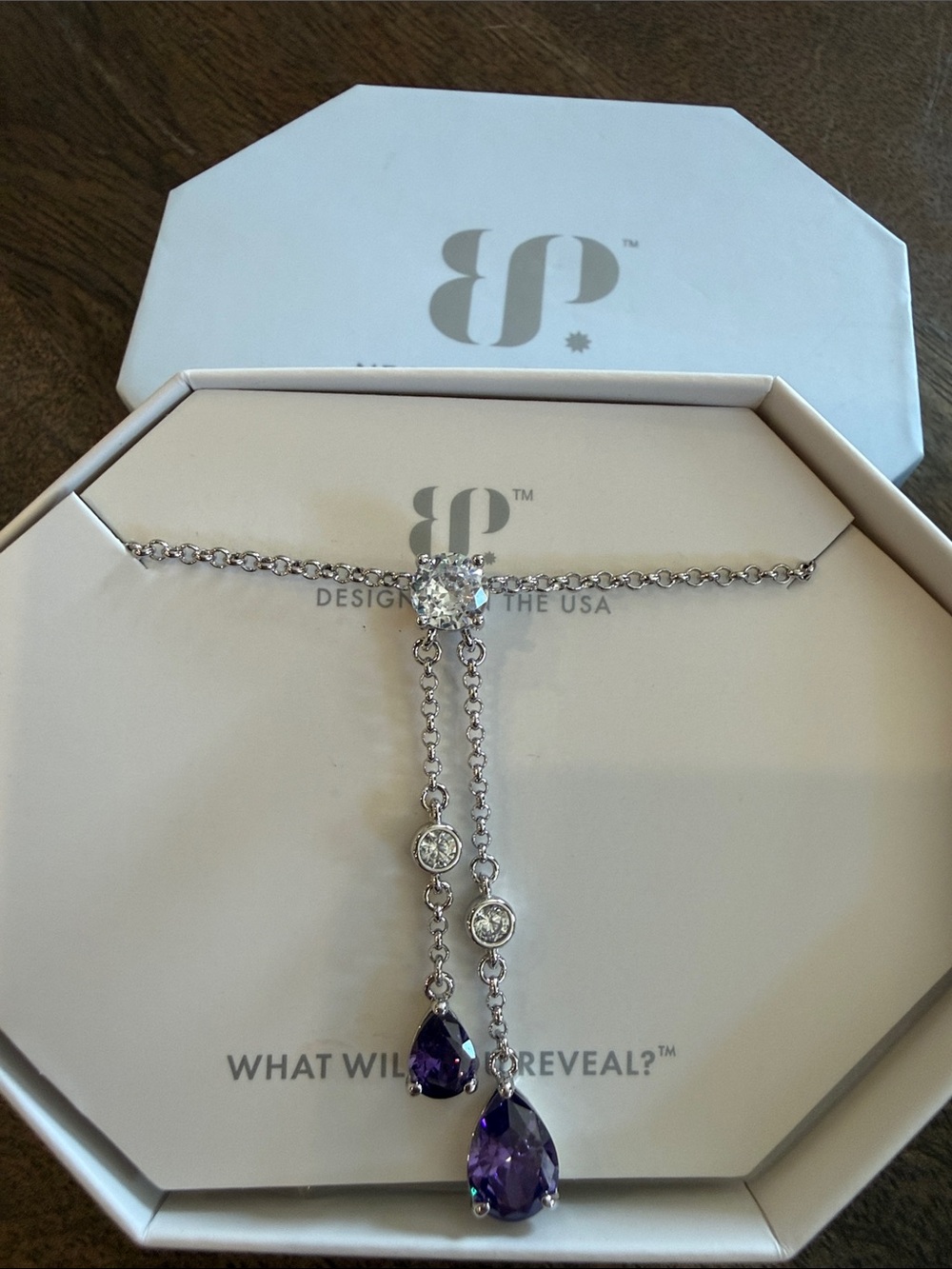 Silver Necklace with Purple Teardrop Gemstones